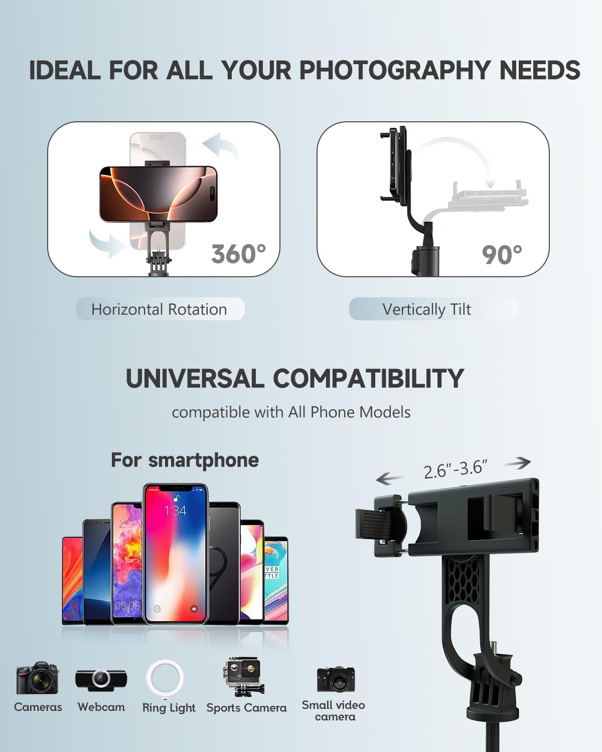 Phone Tripod & Selfie Stick, 180cm Aluminium All in One